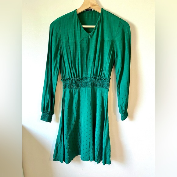 Sandro Green Satin Long Sleeve Mini Dress with Zipper Collar, Size Small - Picture 5 of 12